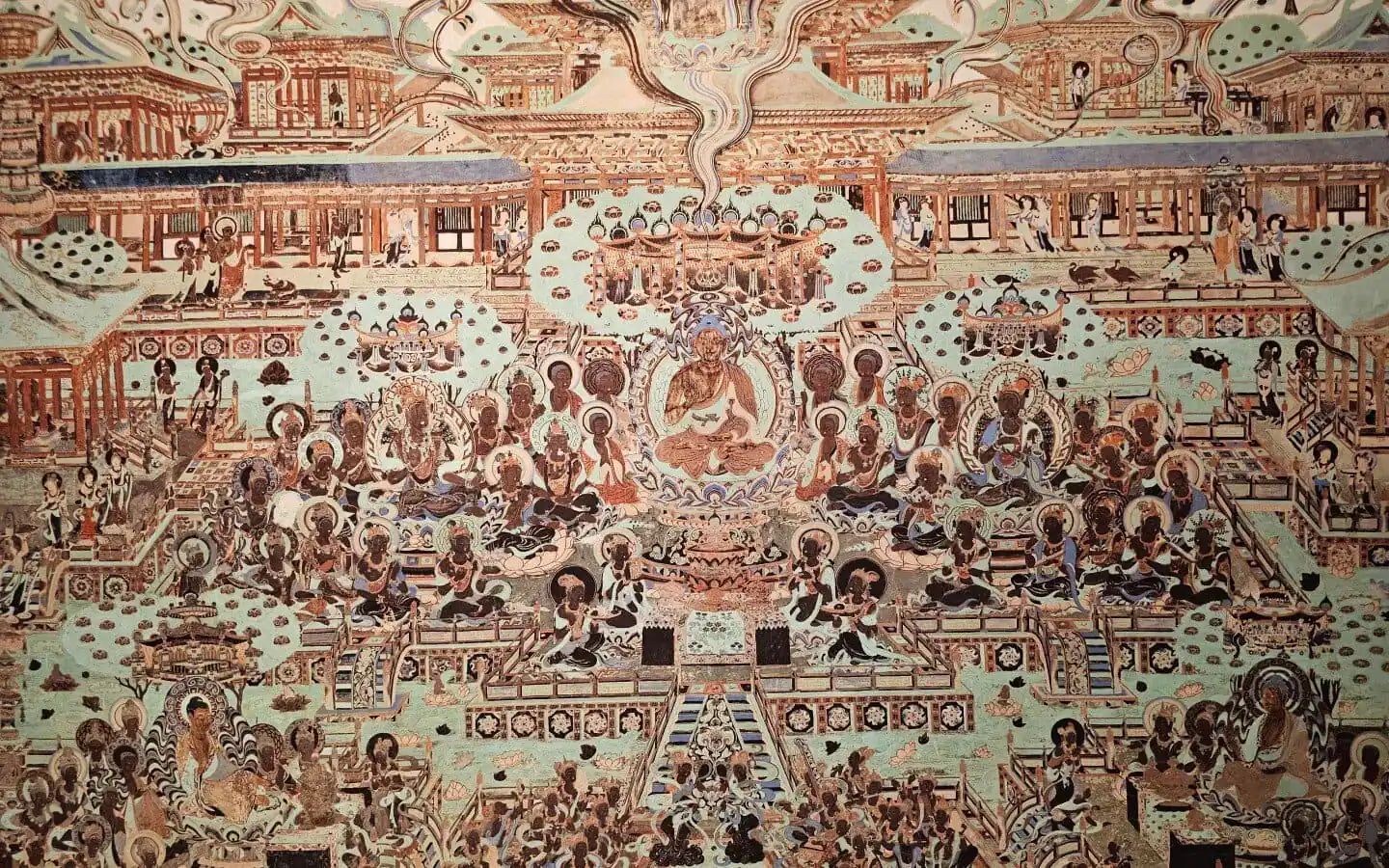 Detailed Dunhuang Buddhist mural with a central Buddha assembly and architectural scenes