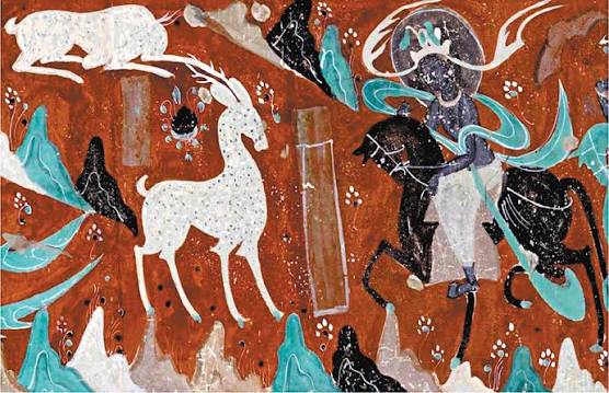 Nine-Colored Deer mural scene inspired by the Buddhist jataka story at Dunhuang