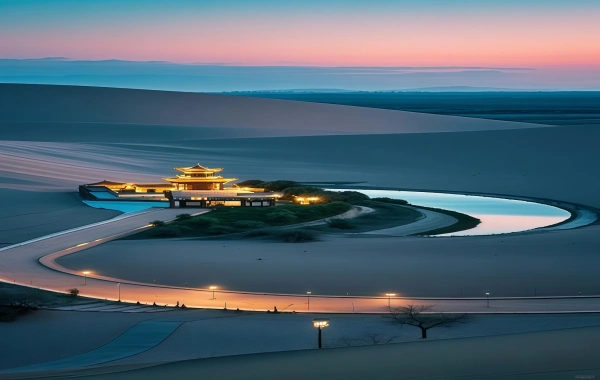 Desert oasis and pavilion lit at twilight beneath a pastel sky