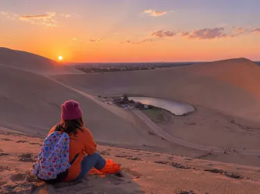 Visitor looking toward a desert oasis at sunset