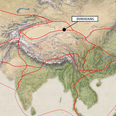 Map diagram showing Dunhuang within a network of Silk Road routes