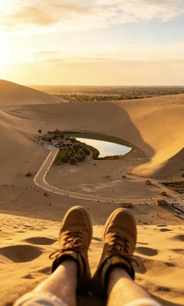 View from a sand dune toward Crescent Lake and the surrounding desert