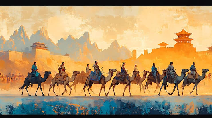Illustrated camel caravan crossing a golden Silk Road frontier landscape