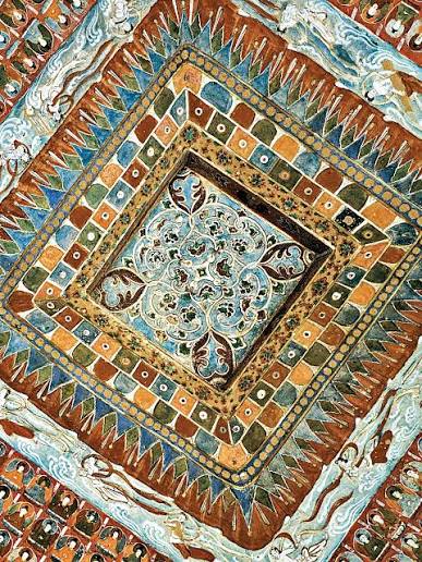 Painted Dunhuang-style caisson ceiling with layered geometric borders and floral center