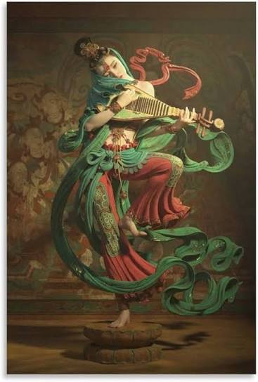 Contemporary Feitian-inspired musician figure in flowing green and red ribbons