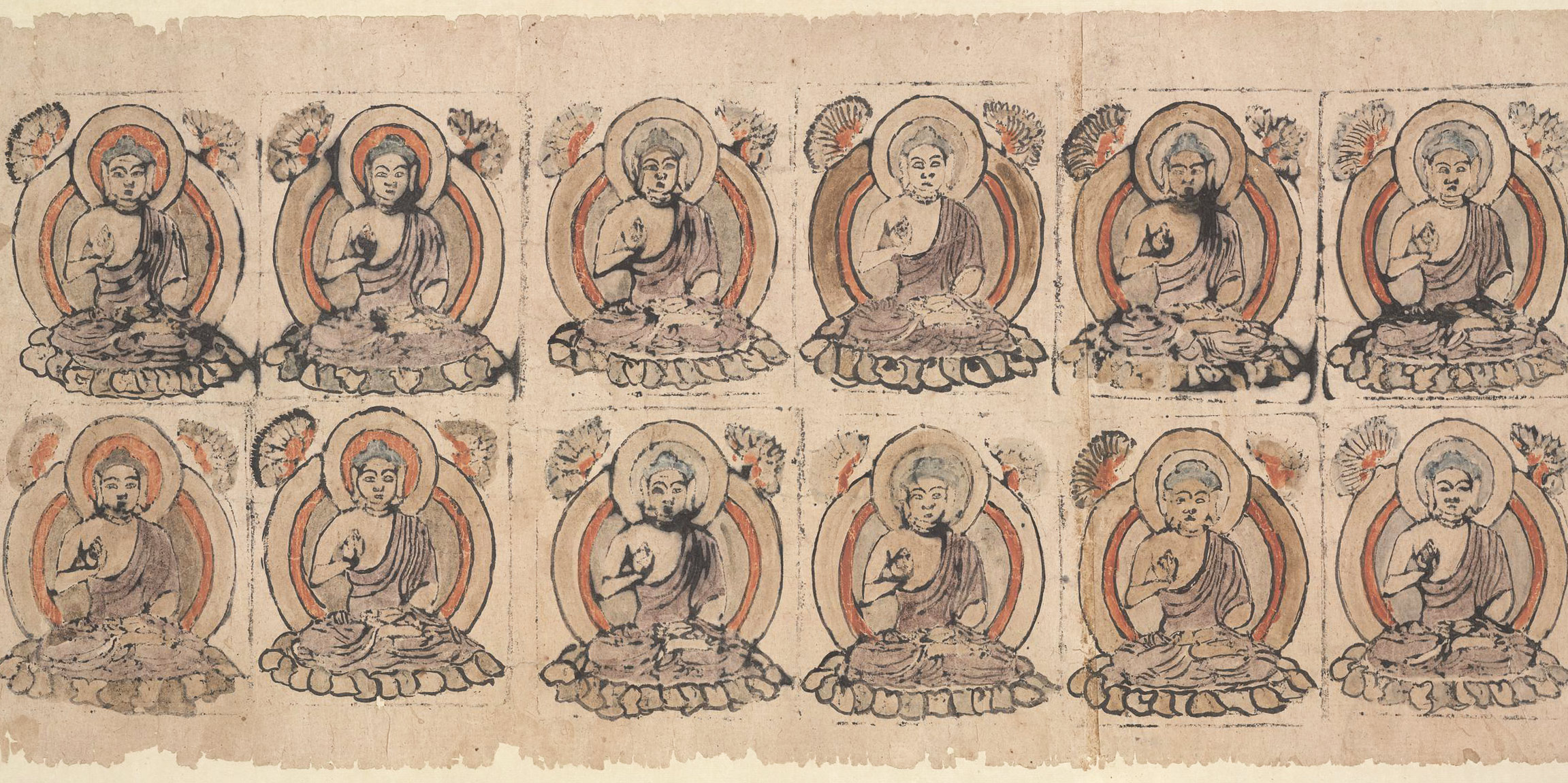 Historic manuscript sheet showing repeated seated Buddhist figures