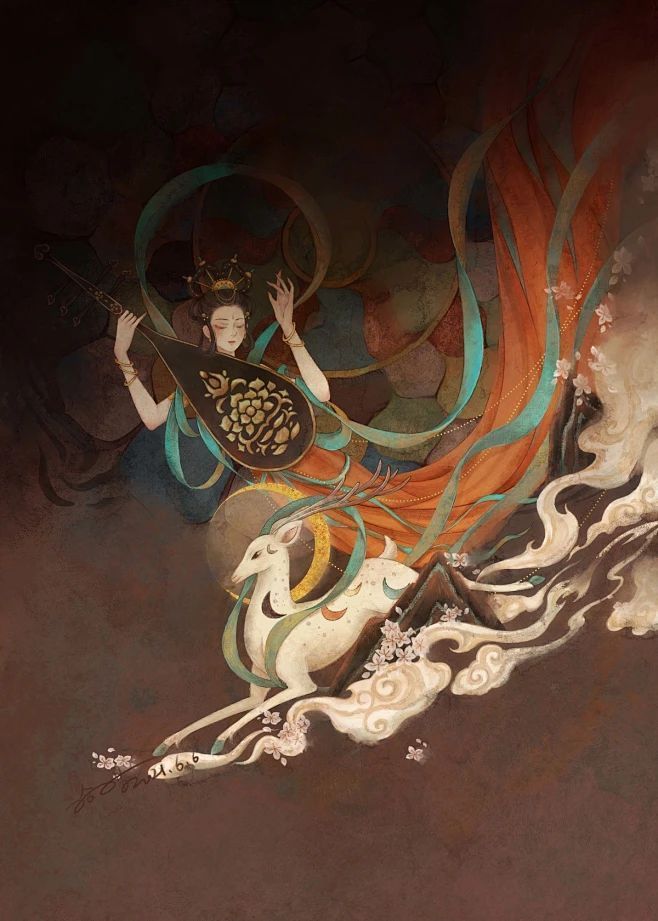 Contemporary illustration of the Nine-Colored Deer with a celestial figure and flowing ribbons